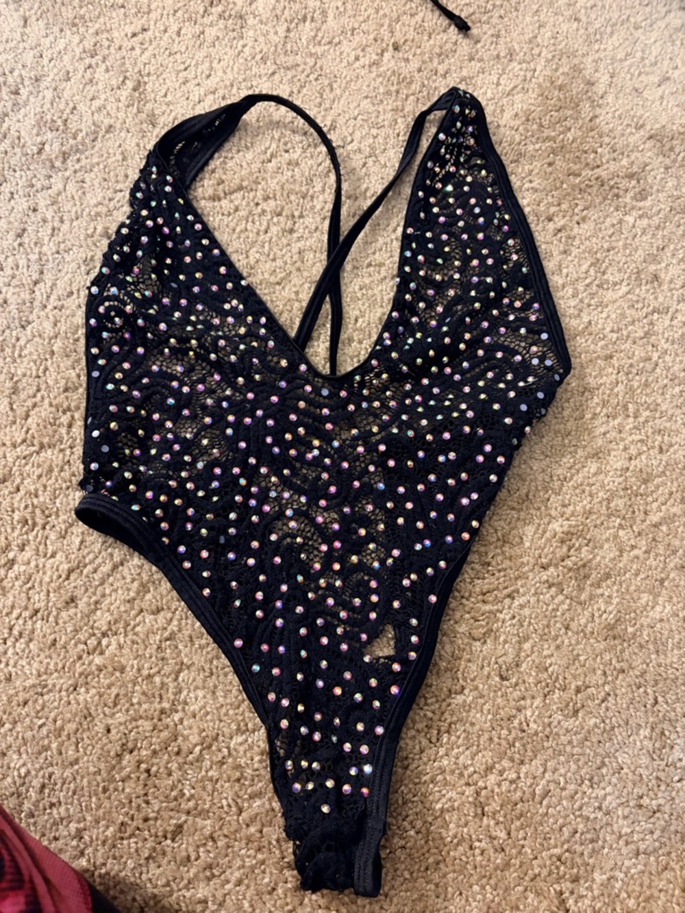 Source Unknown Black Sheer Lace Rhinestone Halter Bodysuit - Picture 2 of 2